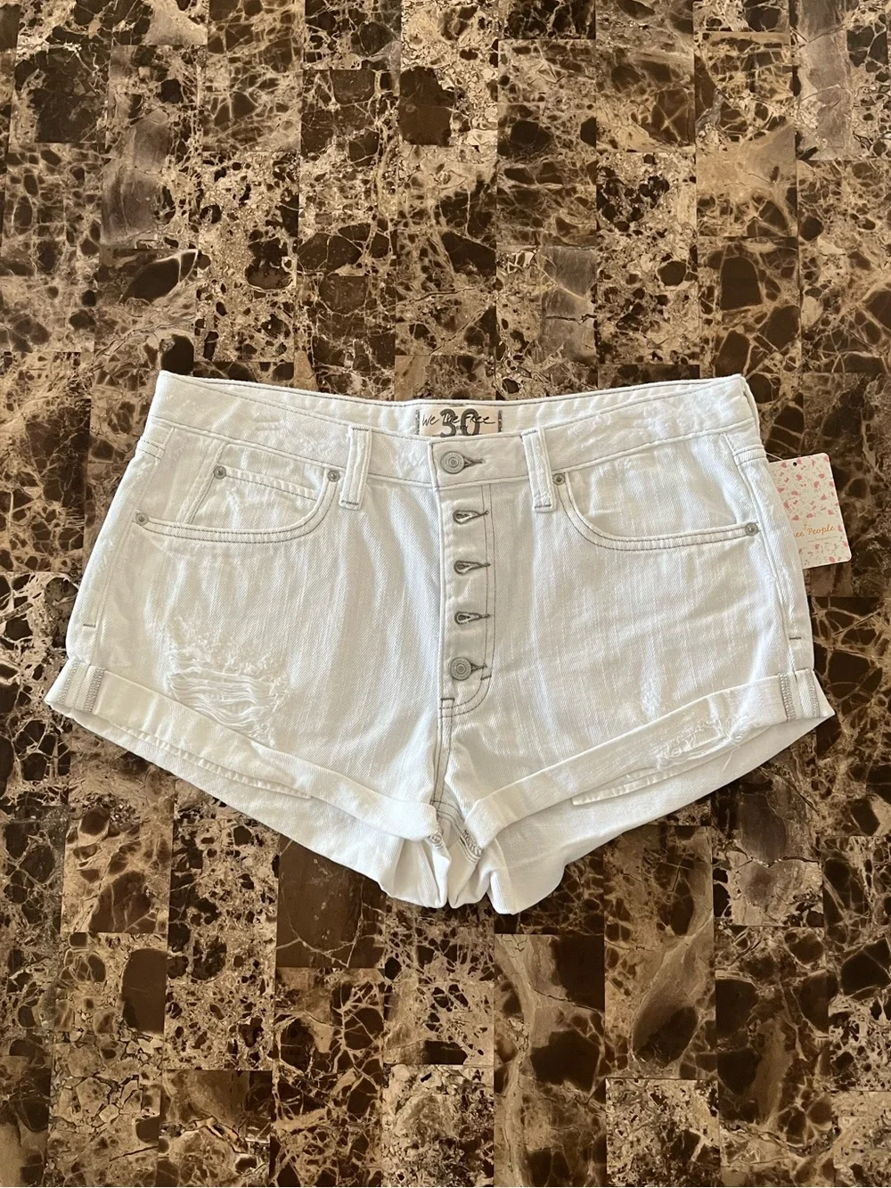 Free People White Distressed Cuffed Mid-Rise Button-Fly Denim Shorts